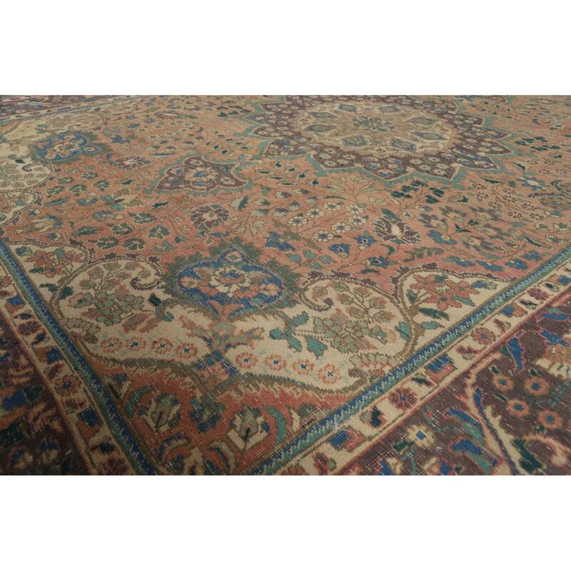 Medallion Tabriz Persian Vintage Rug Hand-Knotted Pink Wool Carpet - 6'10" x 9'8"