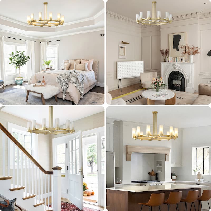 12 - Light Modern Round Chandelier with Frosted Glass Cylinder Shades