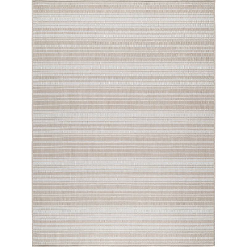 Beverly Rug Beige Striped Indoor Outdoor Rug, Outside Carpet for Patio, Deck, Porch