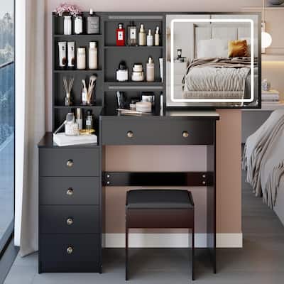 37"L Middle Size Vanity Table with Stool and Touch Control Sliding Mirror
