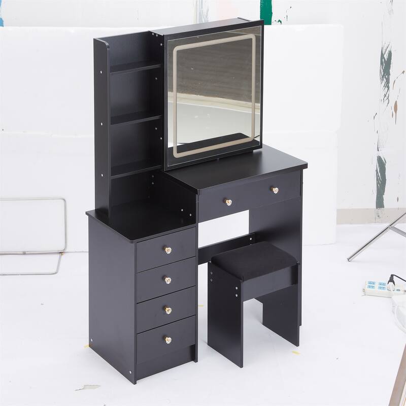 37" Mid-Size Left Bedside Vanity Set with LED Mirror and Stool