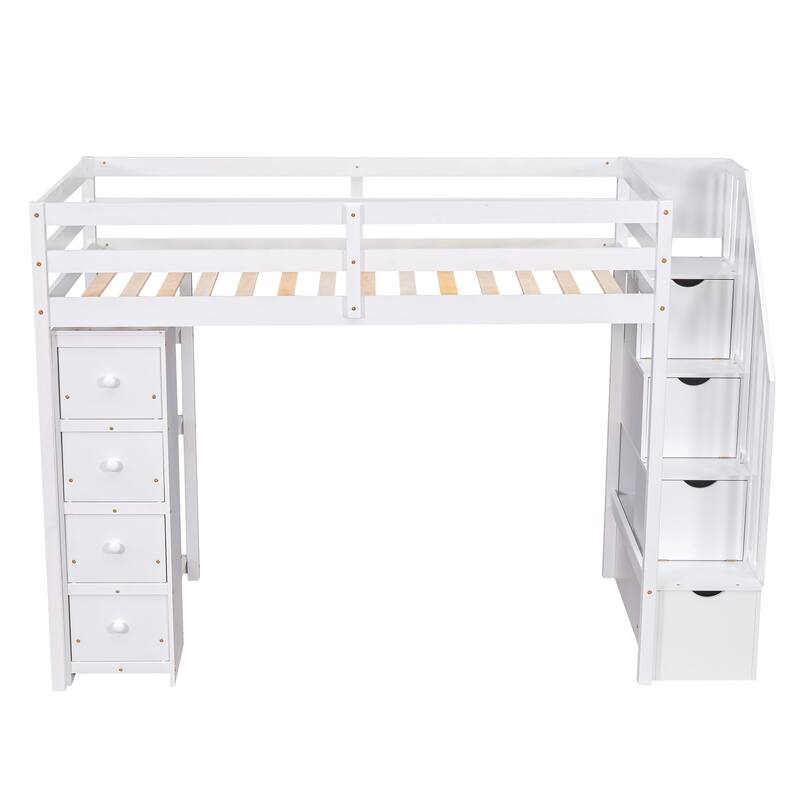 Twin Size Wooden Loft Bed with Storage Drawers, Shelves, and Stairs - White