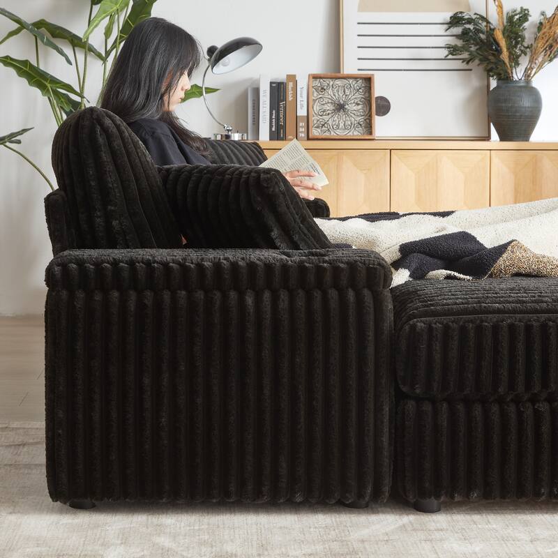 Deep Seat Sectional Loveseat Set with 2 Ottoman and 2 Pillows, Corduroy Chaise Lounge Bed with 2 Storage Spaces and Cupholding