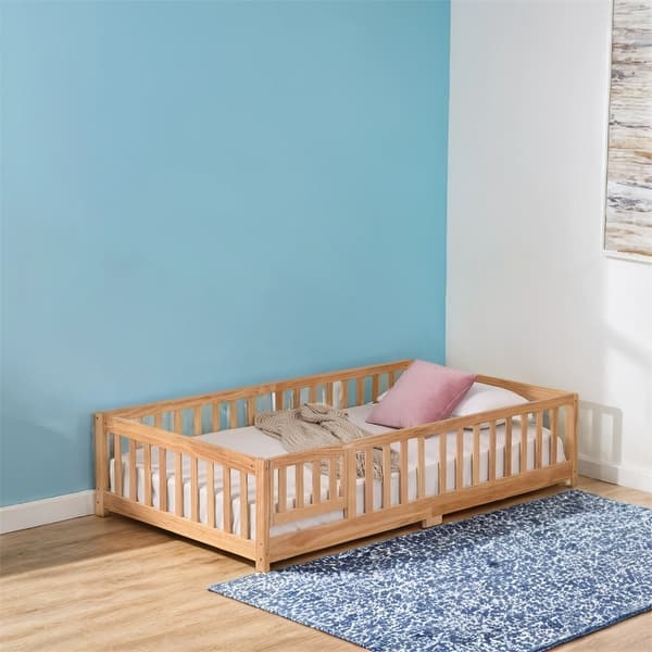 slide 2 of 21, Twin Size Floor Bed with Door,Solid Wood Platform Bed Frame with Fence