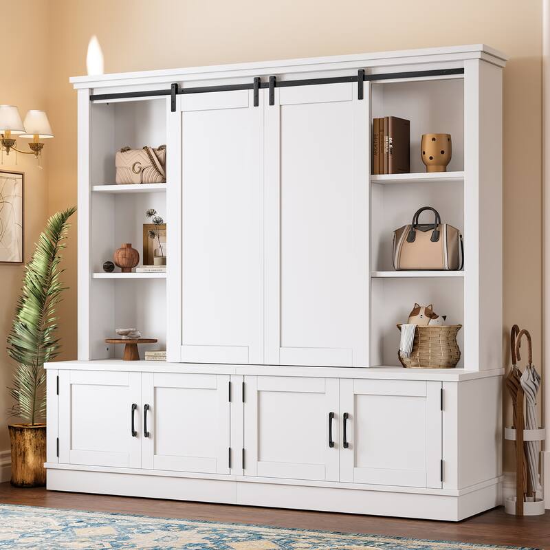 Entryway Cabinet with Sliding Doors, Shoe Storage, Bench and Tree-Shaped Coat Rack, Multi-Functional Hallway Organizer