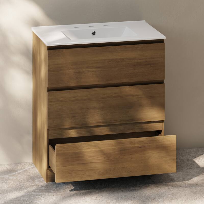 Liberte 30" Freestanding Bathroom Vanity In Brown Oak With 3-Hole Widespread Sink Top - 30