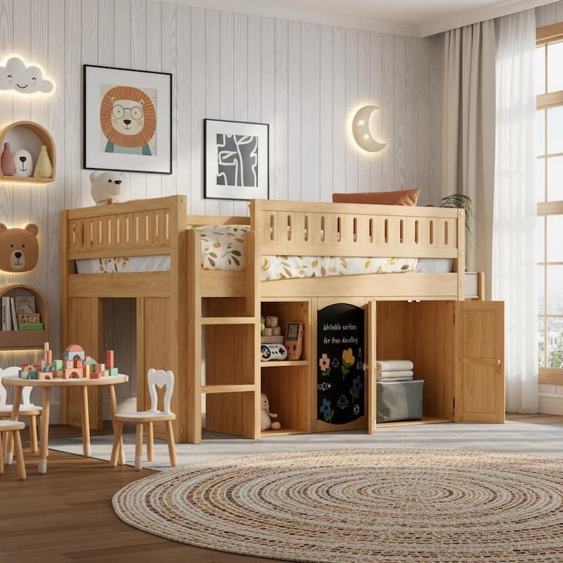 Multi-Functional Full Loft Bed with Chalkboard & Built-In Cabinet by Harper&Bright Designs - Natural