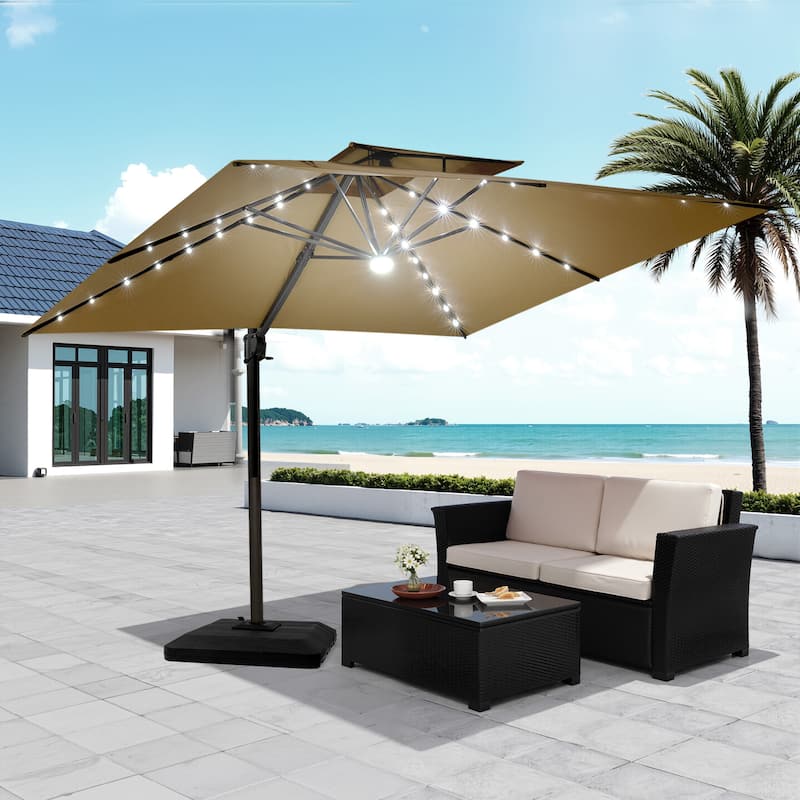 Pellebant 9x11FT Outdoor Dual Top Cantilever Patio Umbrella LED Light with Premium Base Stand - Tan
