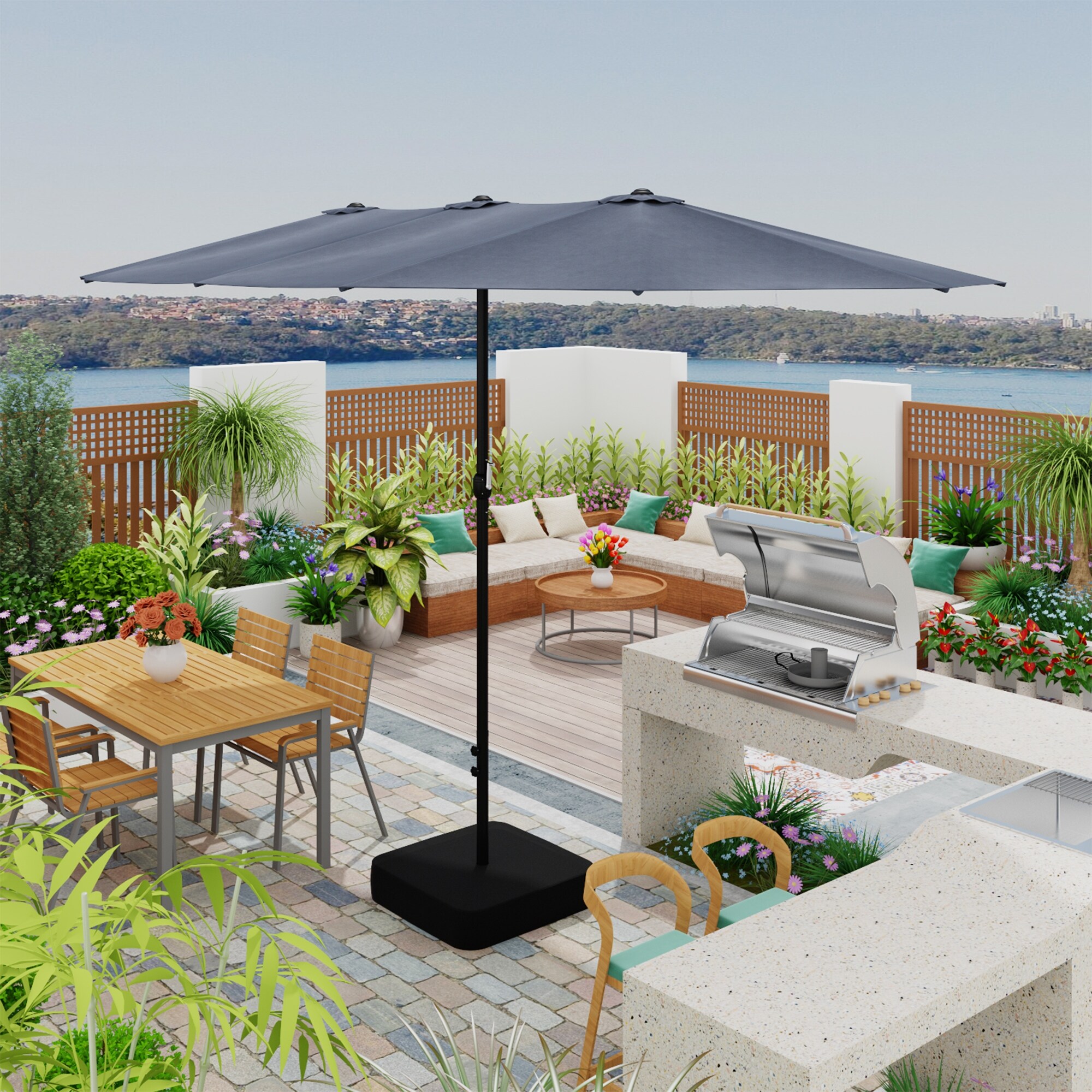 15 twin patio umbrella double sided outdoor market umbrella Outsunny Extra Large 15ft Umbrella, Double-Sided with Crank Handle for Deck, Lawn, Backyard and Pool, Wine Red which is antitrust and waterproof that great for outdoor use 15ft Solar LED Double Patio
