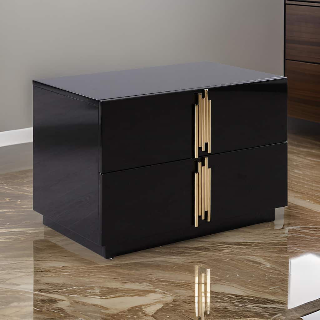 28 Inch Nightstand, Modern Vertical Gold Handles, 2 Drawers, Black Finish