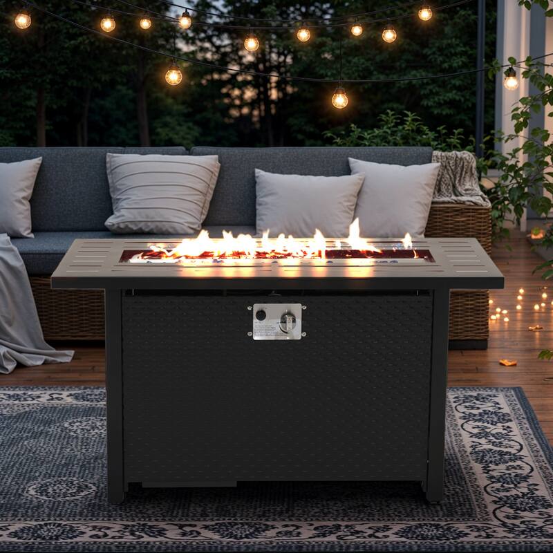 45" Outdoor Fire Pit Table, 50,000 BTU Gas Fire Table with Lid, Glass Wind Guard, Waterproof Cover