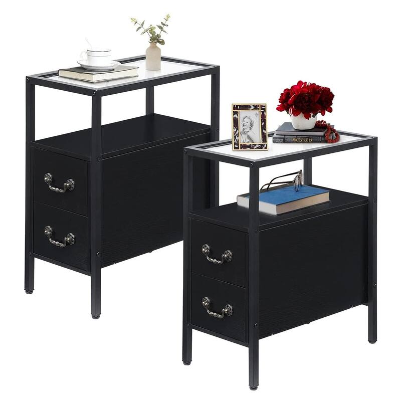 Industrial Tempered Glass Narrow Nightstands /End Side Tables with 2 Drawers(Set of 2) - Black