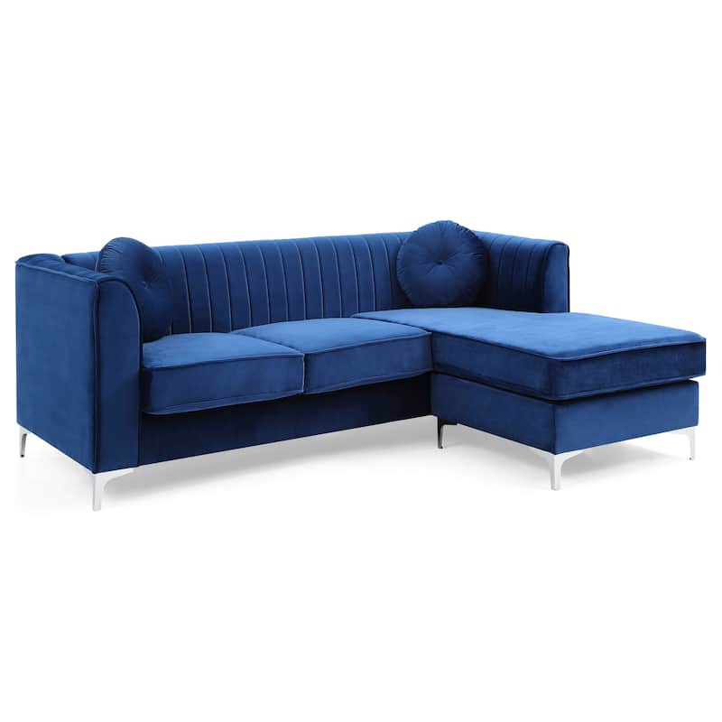 Navy Blue Velvet Sofa Chaise, 75x63x32 inches, 146 lbs, Semi-Assembled w/ Chrome Legs & Pillows