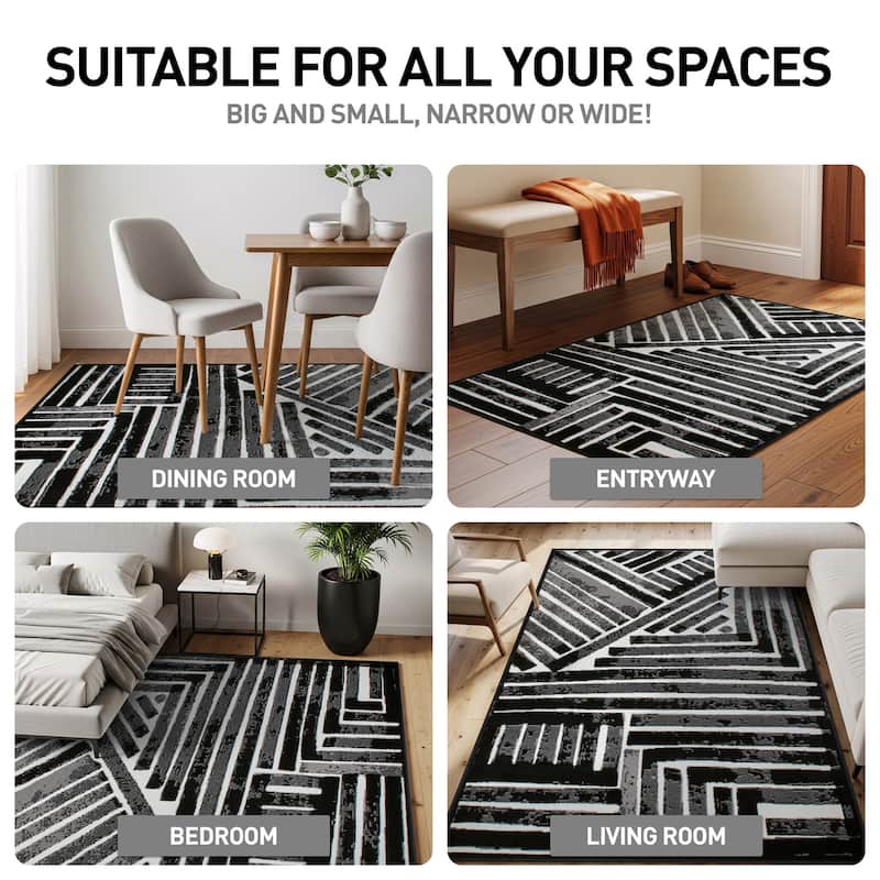 World Rug Gallery Contemporary Stripe Design Black / Gray / Ivory Area Rug