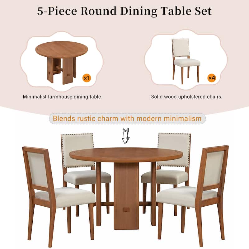 5-Piece Round Dining Table Set with Solid Wood Upholstered Chairs for Minimalist Farmhouse Design