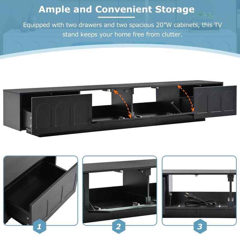 Functional TV Stand with Geometric Fluted Glass Doors, APP-Controlled LED Lighting for TVs Up to 95", Storage Cabinet & Drawers