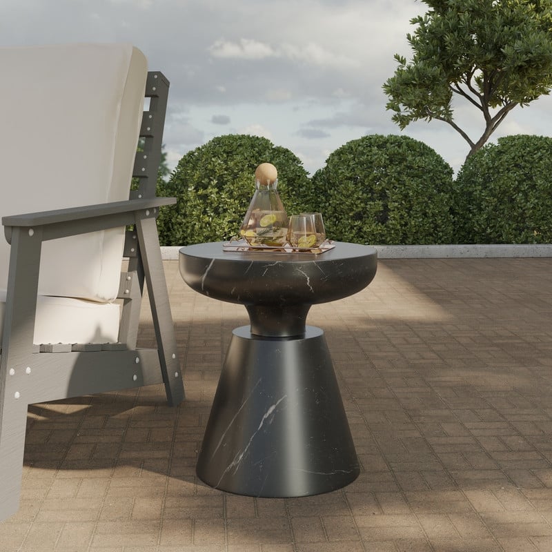Isle Modern Round Side Table in Fiberstone for Indoor and Patio Outdoor End Table with Pedestal Base