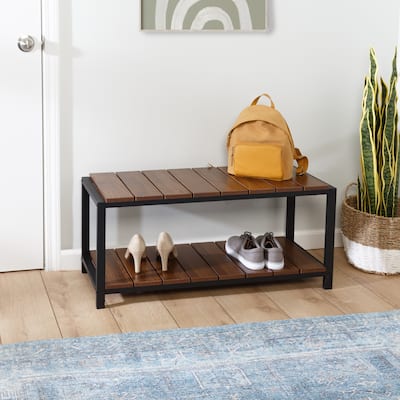 Walnut and Black Wood and Steel 2-Tier Entryway Shoe Bench