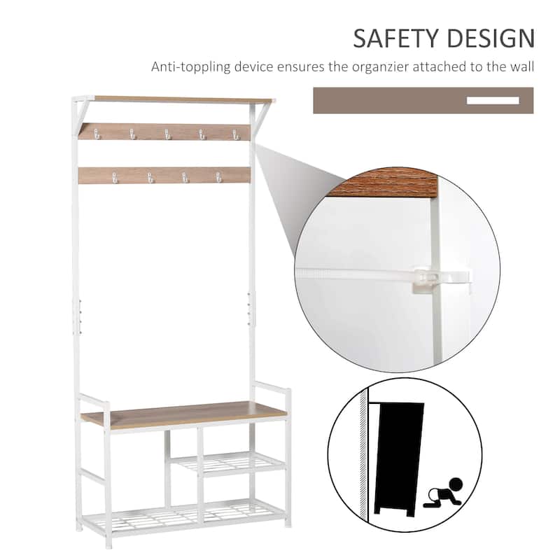HOMCOM Hallway Tree Bench Organizer with 9 Coat Hooks, Large Sitting Bench and 3 Open Shelves for Entryway