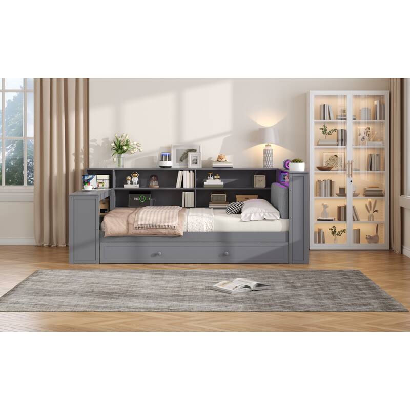 Roomfitters Twin/Full Platform Bed with Trundle, LED Headboard, Charging Station and Storage