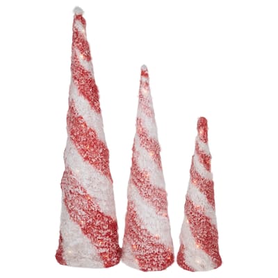 Set of 3 LED Lighted Snowy Candy Cane Striped Christmas Cone Trees 3.25'