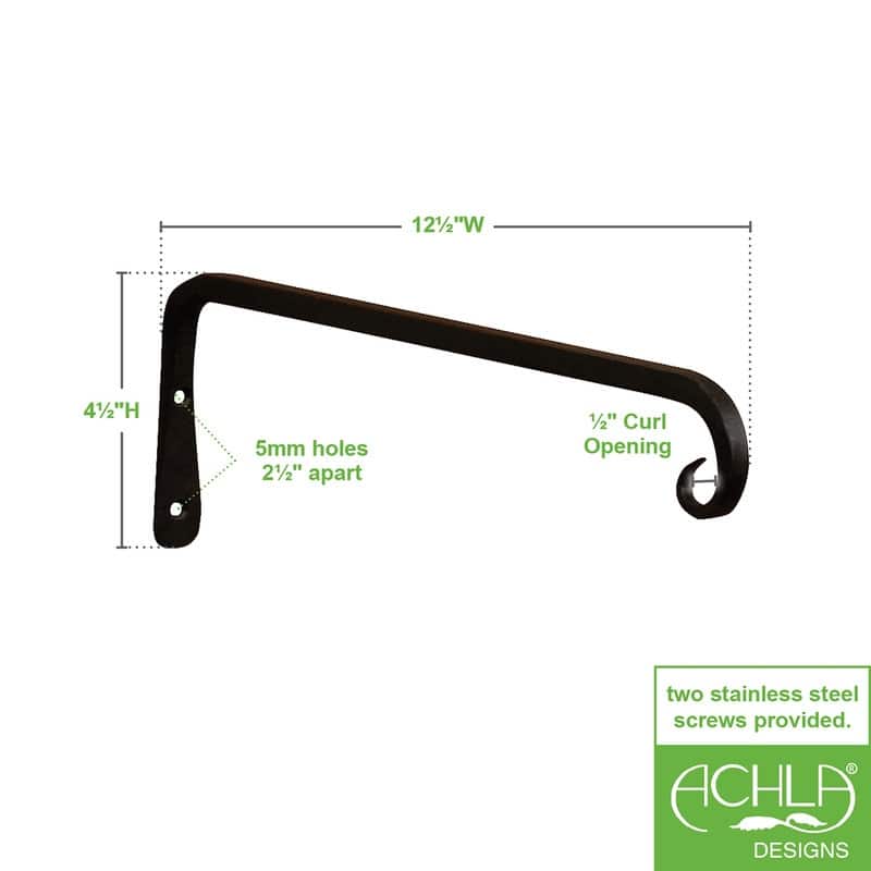 Achla Designs Set of 2 Straight Down Curled Wall Brackets, 12 Inch Tall, Black Powder Coat Finish