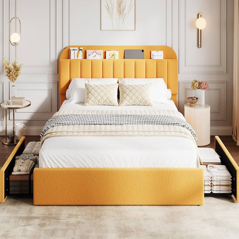 Bed Frame with 2 Drawers, Boucle Upholstered