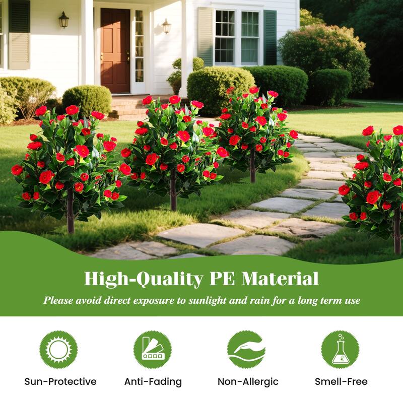 Gymax 2 Pack 31'' Artificial Camellia Tree Set w/Ground Spikes Floral
