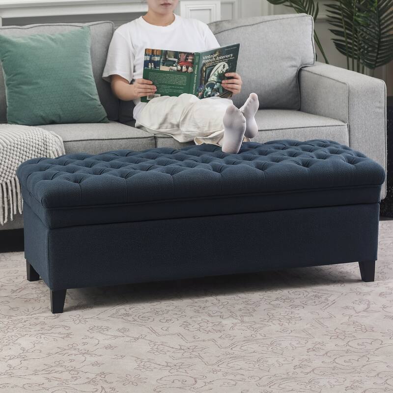 Adeco Linen Rectangle Storage Ottoman for Living Room Bedroom