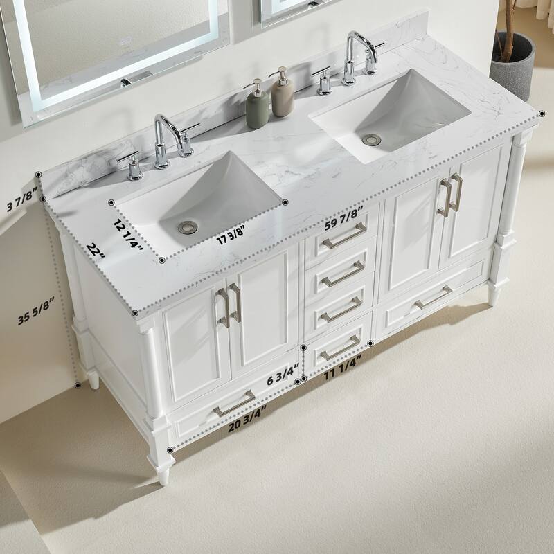 GDFStudio - Modern 60" Freestanding Bathroom Vanity with Dual Engineered Carrara Marble, Fully Assembled