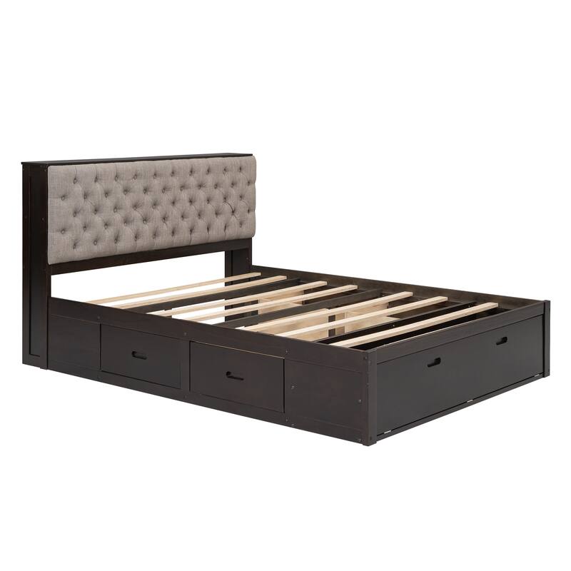 Espresso Queen Size Wood Platform Bed with Storage Headboard, Shoe Rack and 4 Drawers