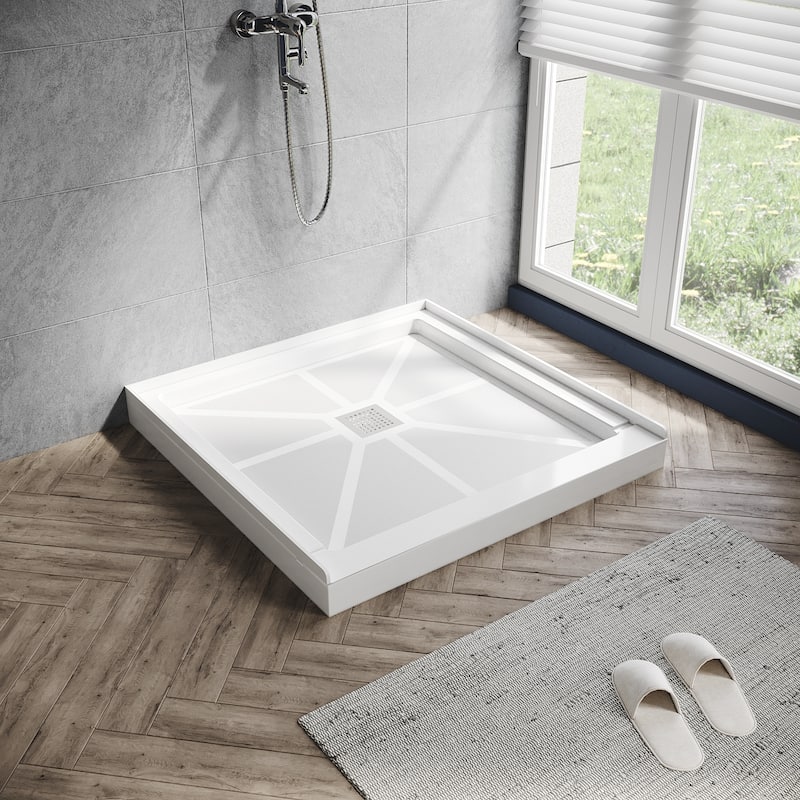 Elegant Square Shower Base Center Drain Anti-slip Single Threshold Shower Pan in White 36" L x 36" W x 4" H with Cover