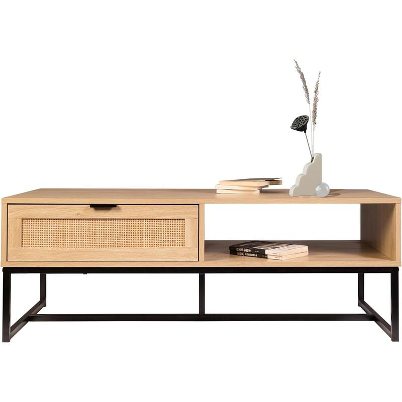 Cove Coastal Modern TV Stand with Storage Cubby and Drawer, Natural Wood - Black