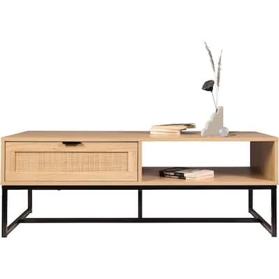 Cove Coastal Modern TV Stand with Storage Cubby and Drawer, Natural Wood
