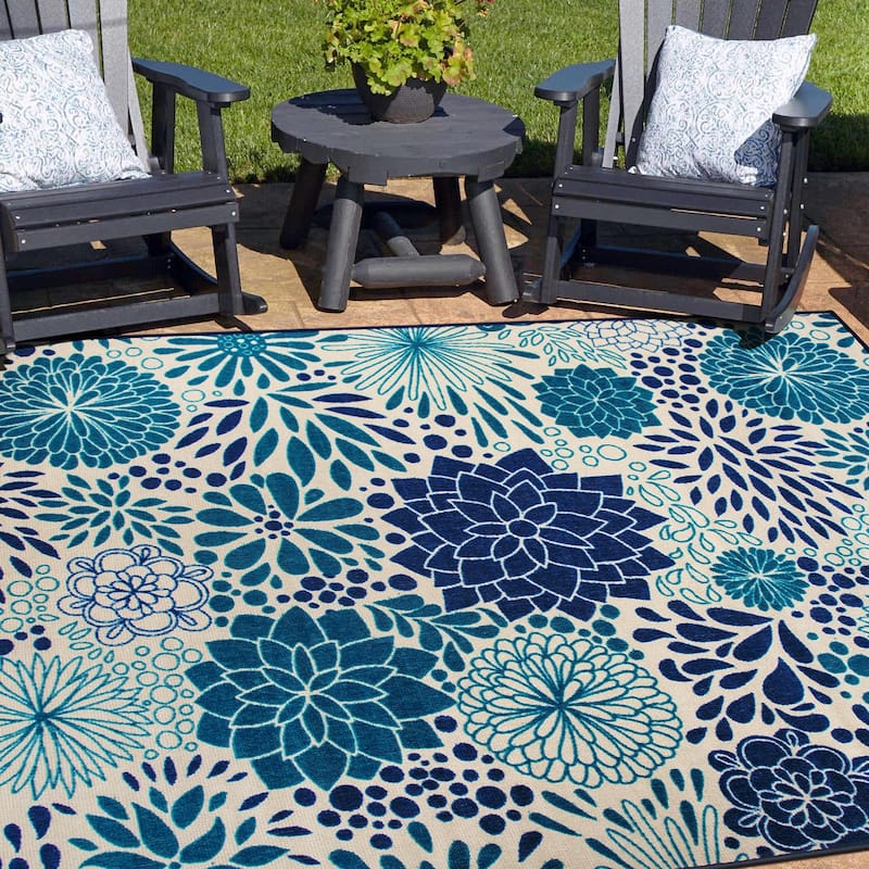 Modern Floral Circles Flatweave Indoor/Outdoor Area Rug - 5' X 7' - Blue