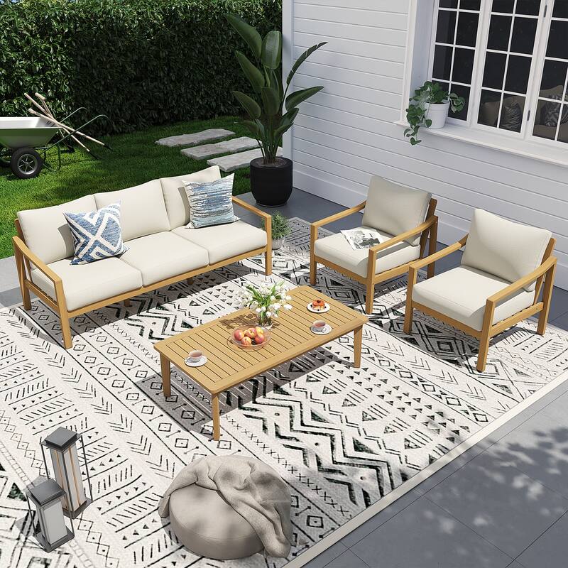 Outdoor 4 Piece Wooden Chair Set With Table - Cream