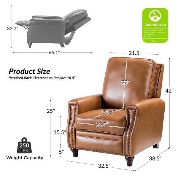 dimension image slide 5 of 8, Cigar Mid-century Modern Genuine Leather Recliner with Solid Wood Legs and Nailhead Trim Set of 2 by HULALA HOME