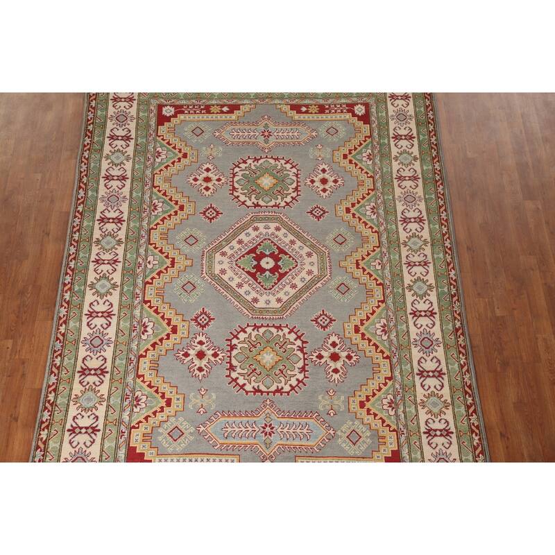 Gray Geometric Kazak Area Rug Handmade Wool Carpet - 6'6" x 9'9"