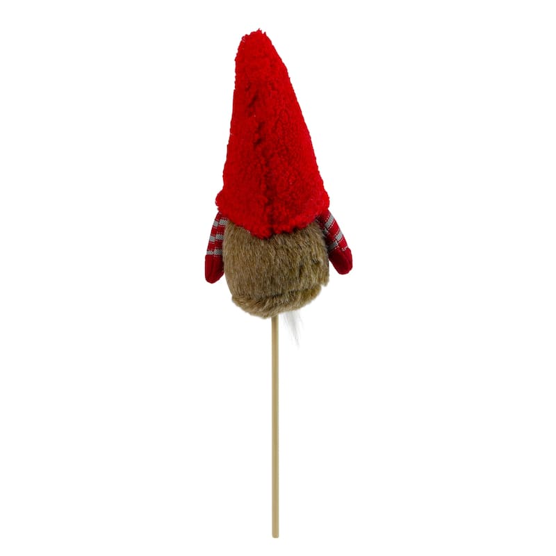 11.5" Tiny Gray Faux Fur Santa Gnome with Red Hat and Striped Arms on a Stick Christmas Decoration - 11.5