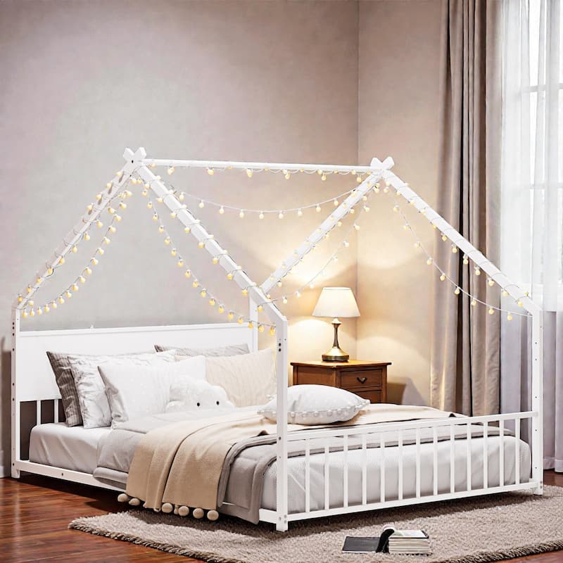 House Bed Frame with Roof & Colorful LED Lights, Metal Kids Floor Bed with Slats, Boys Girls Teens Canopy Bed, No Box Spring - White - Full