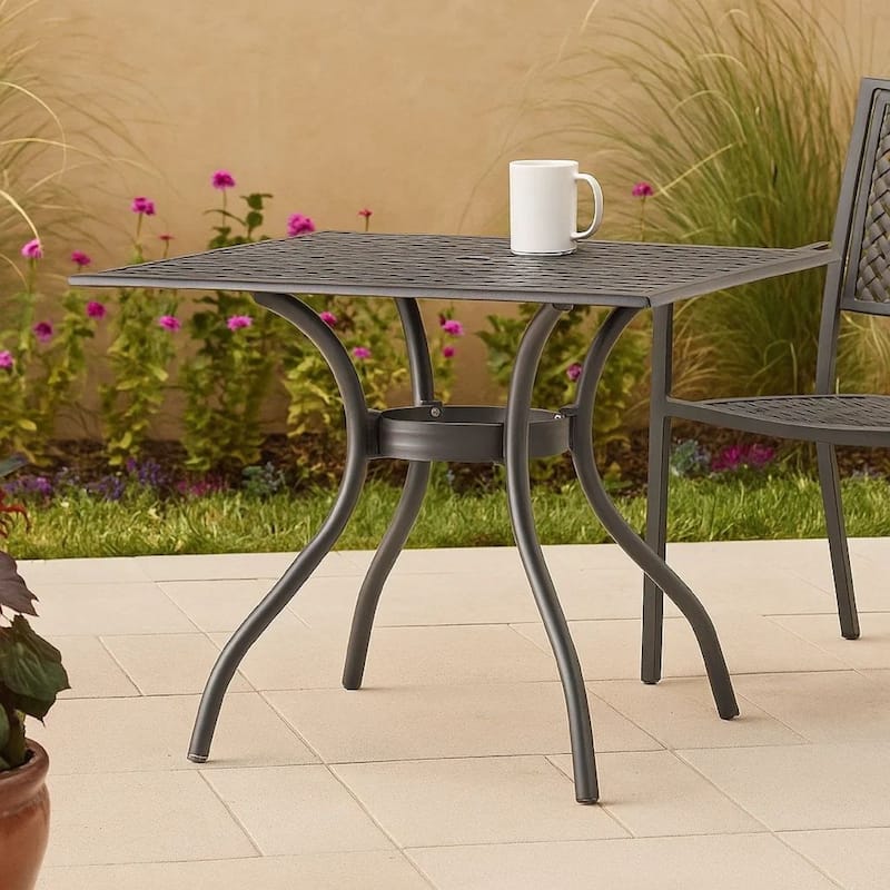 Cay Outdoor Dining Table, 40 Inch Square Top, Black Lattice Metal Design