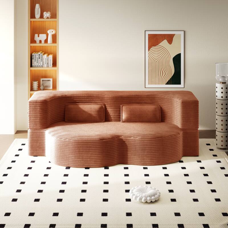 Modern Floor Sofa Bed, Convertible Corduroy Sleeper Couch Folding Loveseat with 2 Pillows