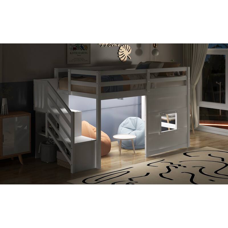 Twin Size Loft Bed with Storage Staircase, Window, and LED Light, White