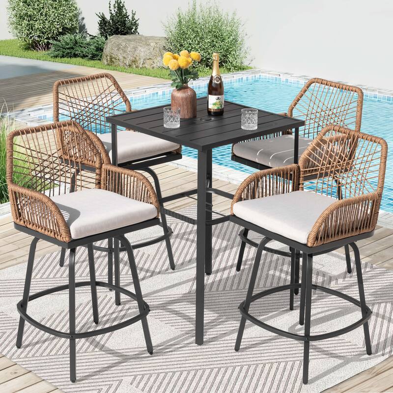 Swivel Patio Bar Set with Cushions, Handwoven Twisted Rattan Design - 5PCS