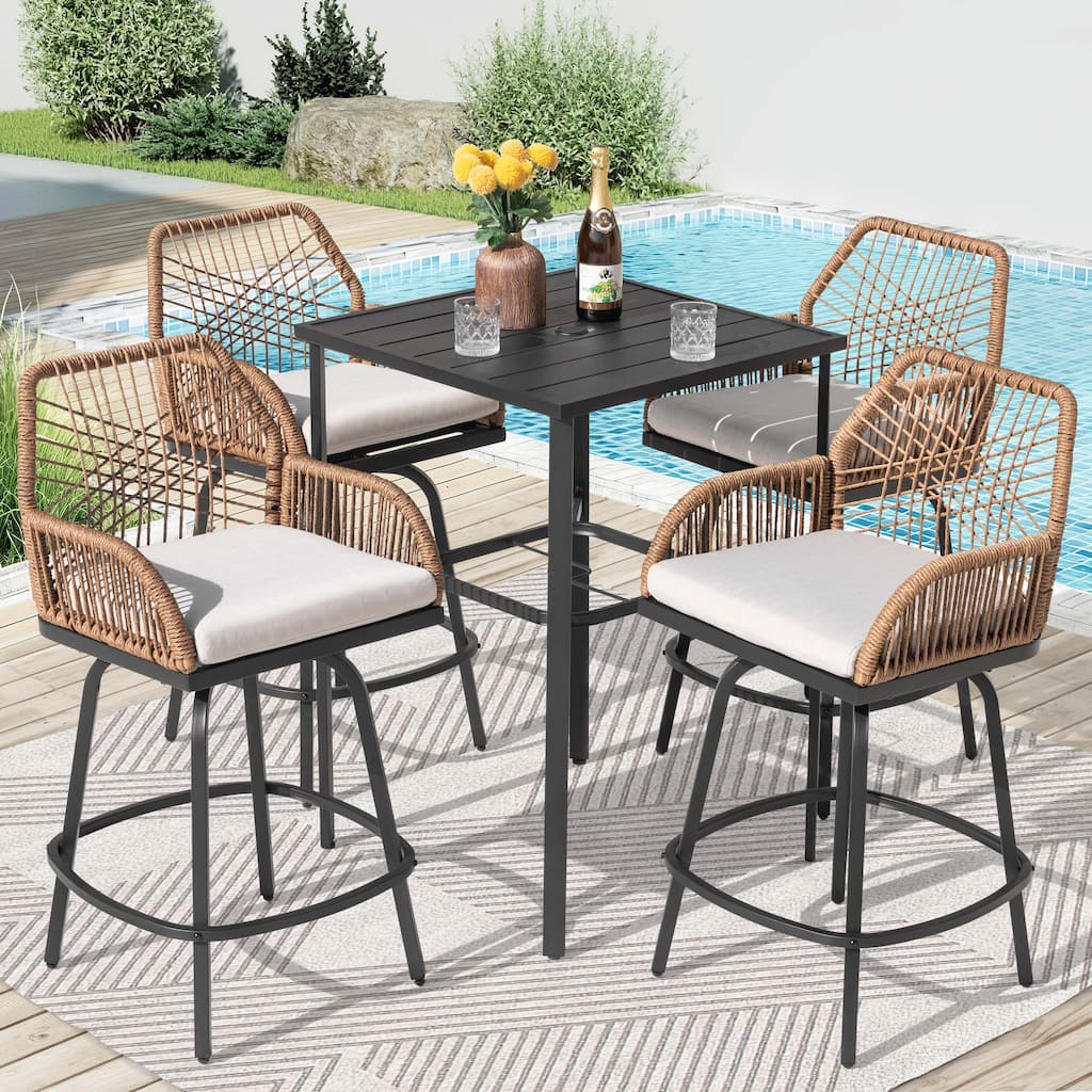 Swivel Patio Bar Set with Cushions, Handwoven Twisted Rattan Design