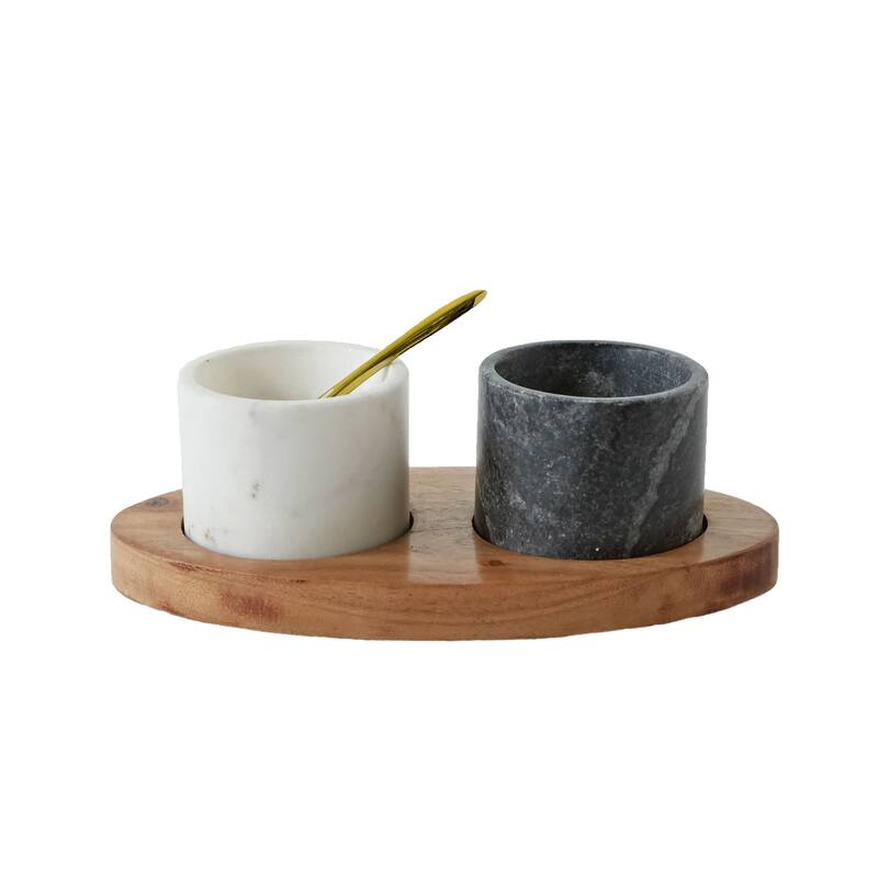Marble Bowls on Mango Wood Tray with Brass Salt Spoon (Set of 4 Pieces)