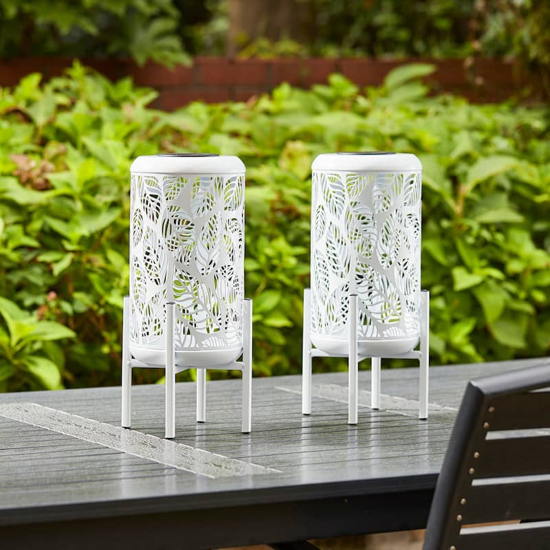 Glitzhome 14.25"H Set of 2 Metal Flower Cutout Solar Lanterns Floor Lantern
