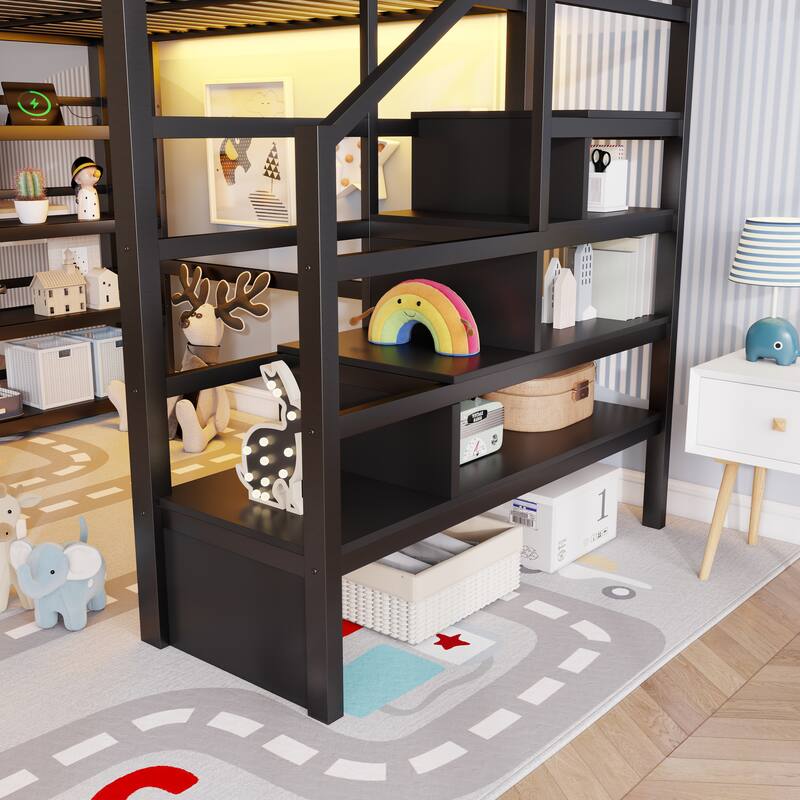 Full Size Metal Loft Bed with Charging Station and 4-Shelf Storage, Kids & Teens Loft Bed with Storage Stairs