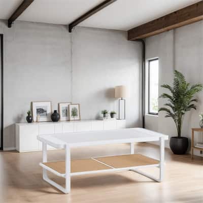 Minimalist Double Layered Solid Wood Coffee Table with Glass Tabletop