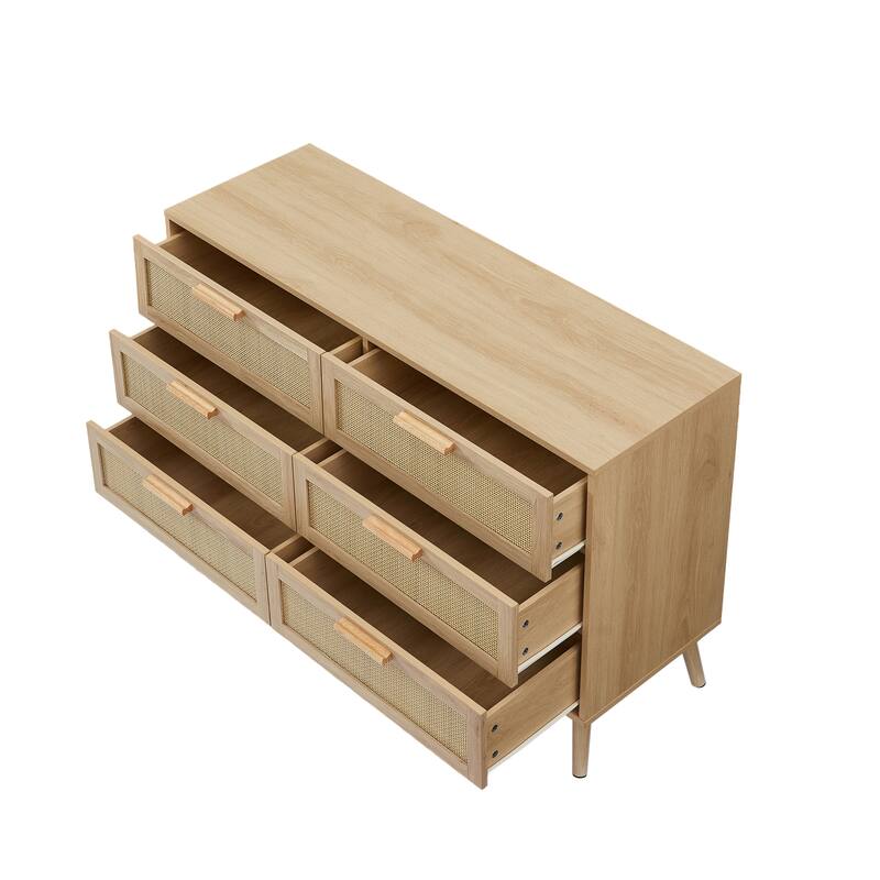 6 Drawer Double Dresser, Floor Standing Wooden Storage Cabinet, Storage Wardrobe Dresser with Gold Handles & Solid Wood Legs